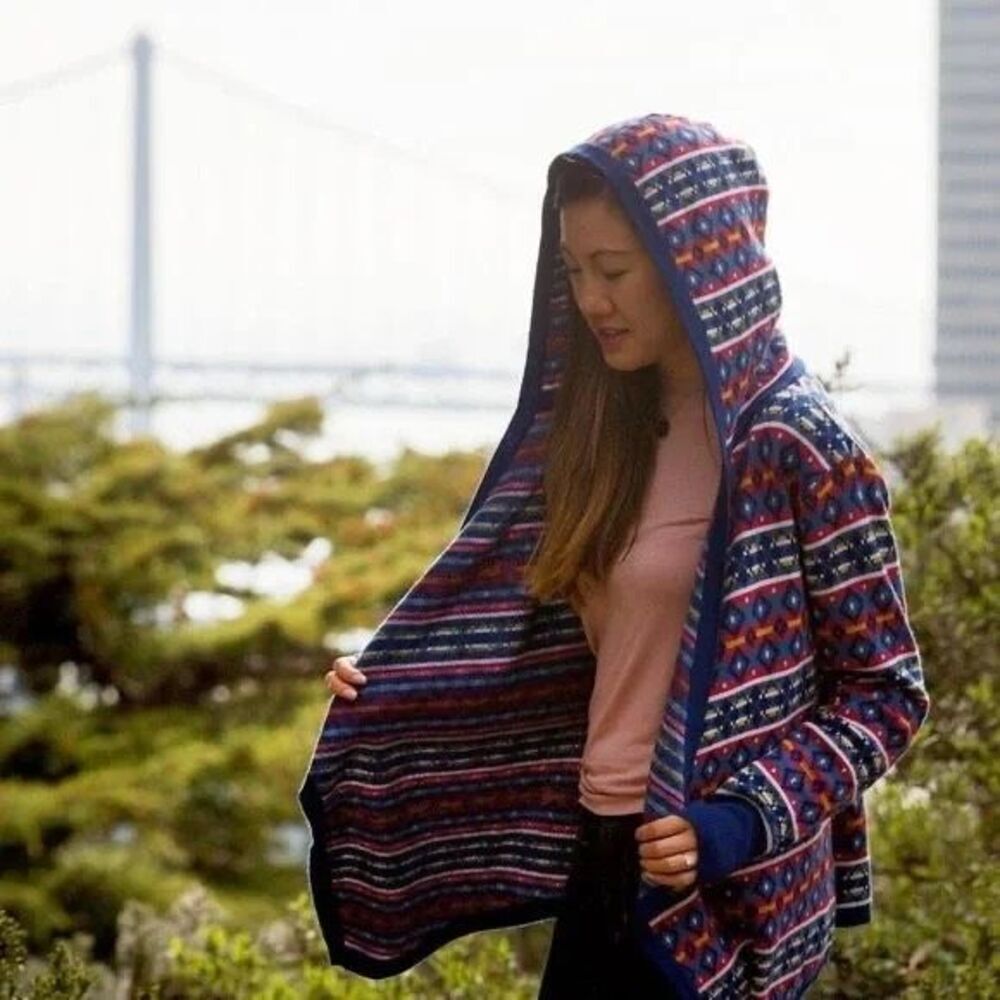 Betabrand Mission Wrap Cardigan Sweater Hooded Fair Isle, Boho, CozySize L/XL